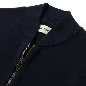 material shot of the collar on The Portola Bomber in Midnight Merino