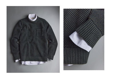 flatlay of The Crawford Crewneck Sweater in Washed Asphalt layered over The Jack in White Everyday Oxford
