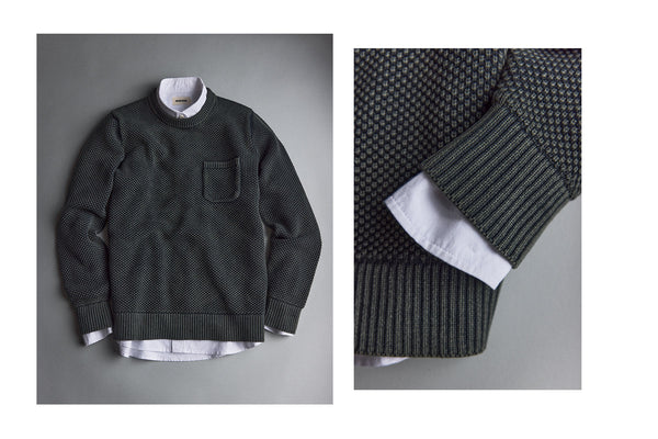 flatlay of The Crawford Crewneck Sweater in Washed Asphalt layered over The Jack in White Everyday Oxford