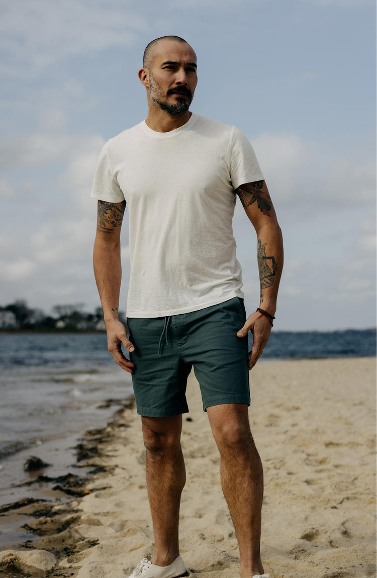 fit model posing in The Apres Short in Organic Deep Sea Foundation Twill
