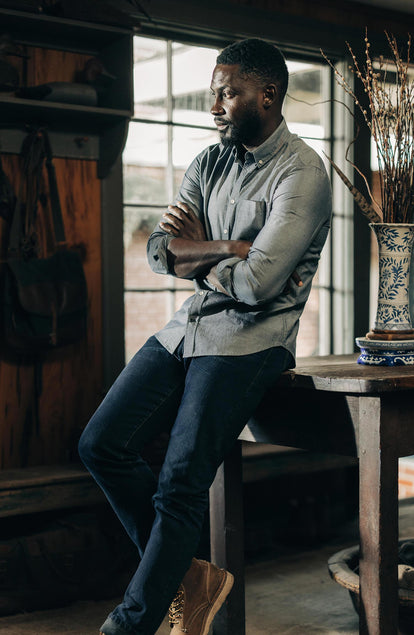 Our model standing in the jack in blue chambray