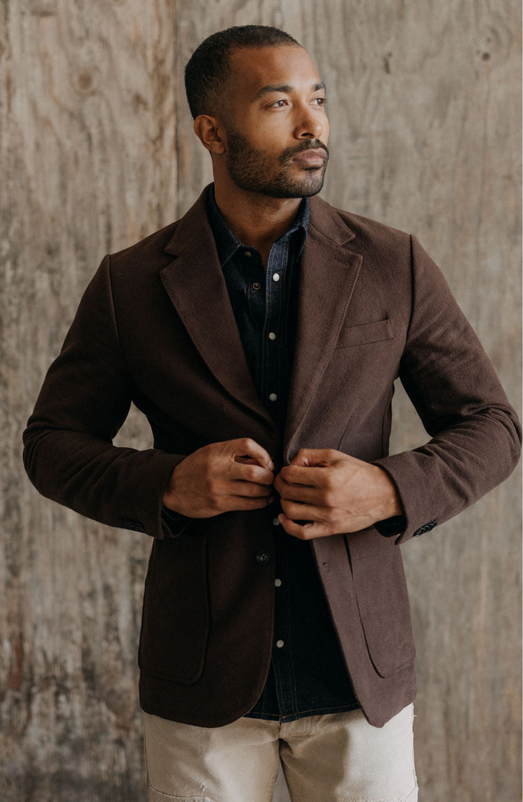 Our model wearing The Sheffield Sportcoat in Dark Chestnut Moleskin