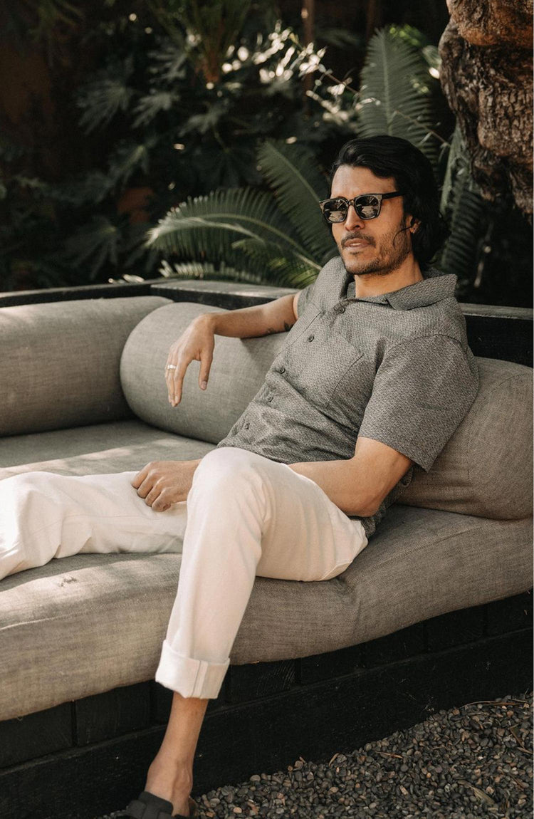 Our model wearing The Conrad in Black Indigo Jacquard Floral