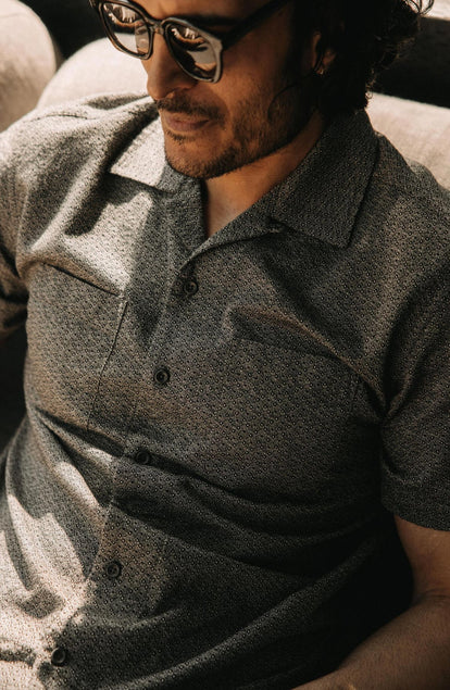 Our model standing in The Conrad in Black Indigo Jacquard Floral