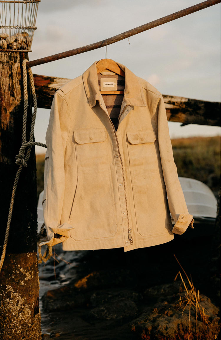 fit model wearing The Workhorse Jacket in Chipped Canvas