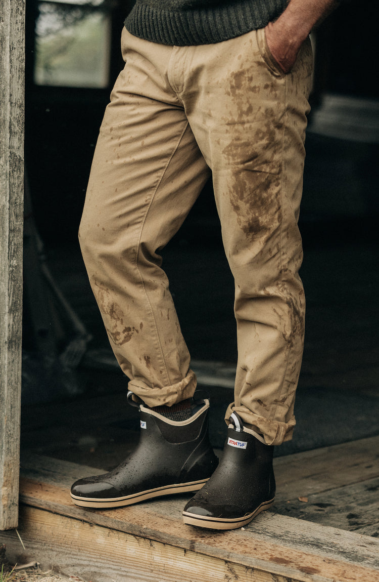 Model wearing The Foundation Pant in Organic Khaki