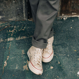 fit model with rolled up cuffs in The Camp Pant in Gravel Boss Duck