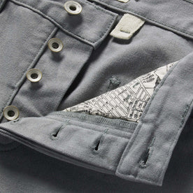 material shot of button fly on The Camp Pant in Gravel Boss Duck