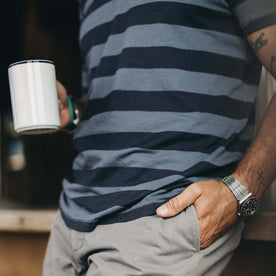 fit model showing the front of The Cotton Hemp Tee in Storm and Navy Stripe