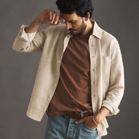 fit model wearing The California in Oat Heather Double Cloth open