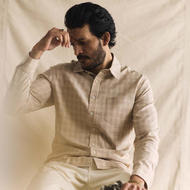 fit model showing off the sleeves of The California in Russet Plaid
