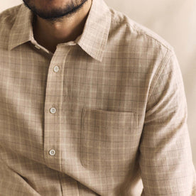 fit model showing off the pockets and placket on The California in Russet Plaid