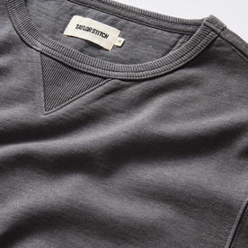 material shot of the neck opening on The Cotton Hemp Crew in Asphalt