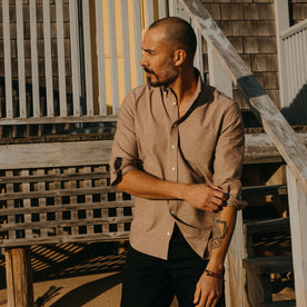 fit model in The Jack in Faded Brick Chambray