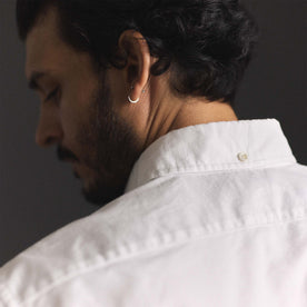 fit model showing the back button through collar on The Jack in White Everyday Oxford