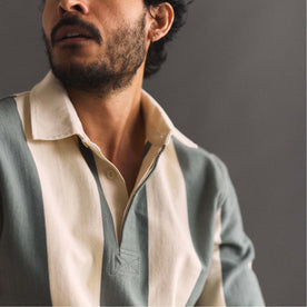 fit model showing off the collar on The Rugby Shirt in Deep Sea Stripe