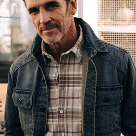 fit model showing the front of The Shop Shirt in Sawyer Wash Selvage Denim