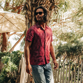 fit model wearing The Havana in Wine Ikat