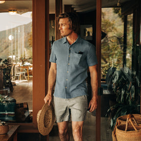 fit model wearing The Short Sleeve Hawthorne in Ocean Pickstitch Waffle