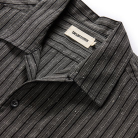 material shot of the camp collar on The Conrad in Black Indigo Slub Stripe