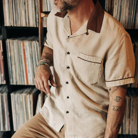 fit model posing in The Palmer Shirt in Dune