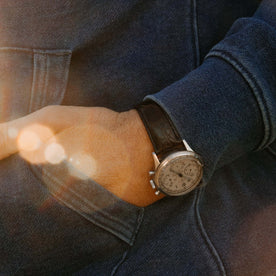 fit model showing off the cuffs on The Apres Hoodie in Washed Indigo Terry
