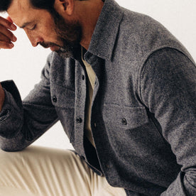 fit model posing in The Point Shirt in Heather Blue Linen Tweed