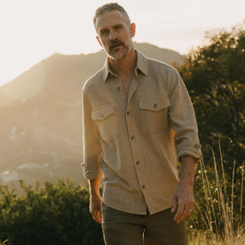 fit model walking wearing The Point Shirt in Heather Oat Linen Tweed
