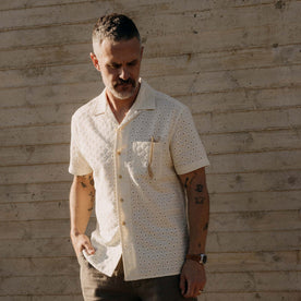 fit model posing in The Short Sleeve Hawthorne in Vintage White Embroidered Eyelet