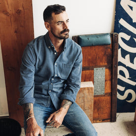 fit model sitting in The Jack in Roped Indigo