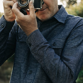 fit model taking a picture in The Point Shirt in Indigo Slub