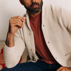fit model showing the seed stitch on The Crawford Sweater in Marled Natural