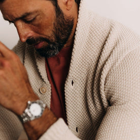 fit model showing the shawl collar on The Crawford Sweater in Marled Natural