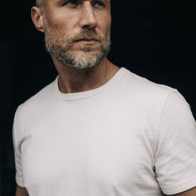 fit model showing off collar on The Organic Cotton Tee in Vintage White