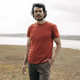 fit model with his hand in his pocket wearing The Cotton Hemp Tee in Engine