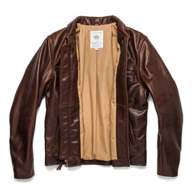 flatlay of The Moto Jacket in Espresso Steerhide open