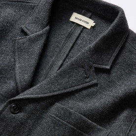 material shot of the lapel on The Ridgewood Cardigan in Charcoal Birdseye Wool