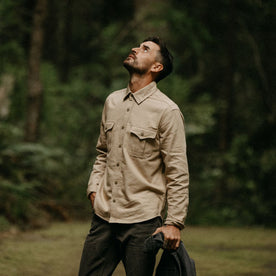 fit model in The Saddler Shirt in Light Khaki Twill