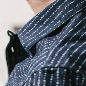 Our fit model wearing the Short Sleeve Hawthorne in Indigo Moon Phase walking in San Francisco.