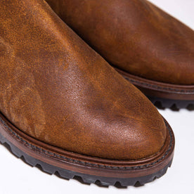 material shot of the toe box on The Ranch Boot in Redwood Waxed Suede